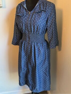 Women’s Blue Polka Dot Shirtdress with Smocked Waist (Size M)